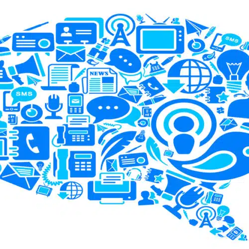 Blue icons in a speech bubble shape representing various communication tools