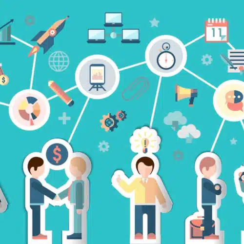 Illustration of interconnected tools and icons representing business operations, with cartoon figures engaging in various activities