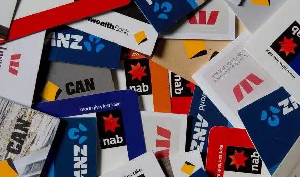 Collection of various Australian bank cards and marketing material