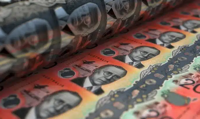 Close-up of Australian $20 banknotes being printed.