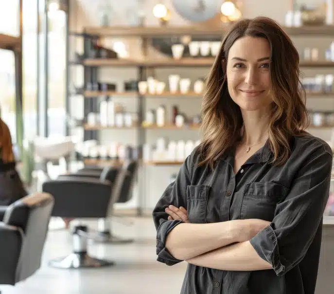 Confident female salon owner standing with arms crossed in a modern beauty salon.