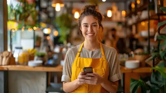 Smiling café worker in a yellow apron holding a smartphone in a cozy, plant-filled shop.