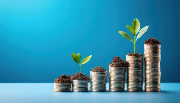 Stacks of coins increasing in height with green seedlings growing on top, symbolizing financial growth and investment.