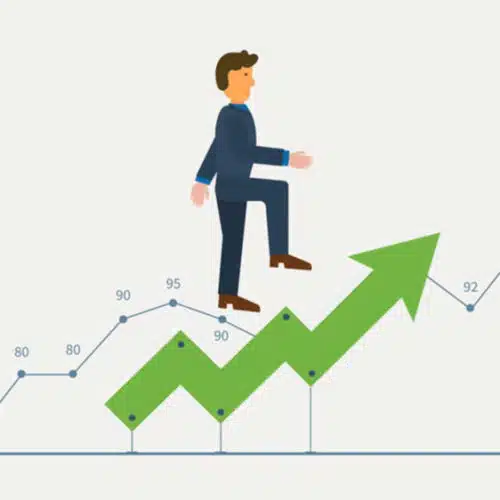 Businessman climbing upward on a green arrow representing growth and success