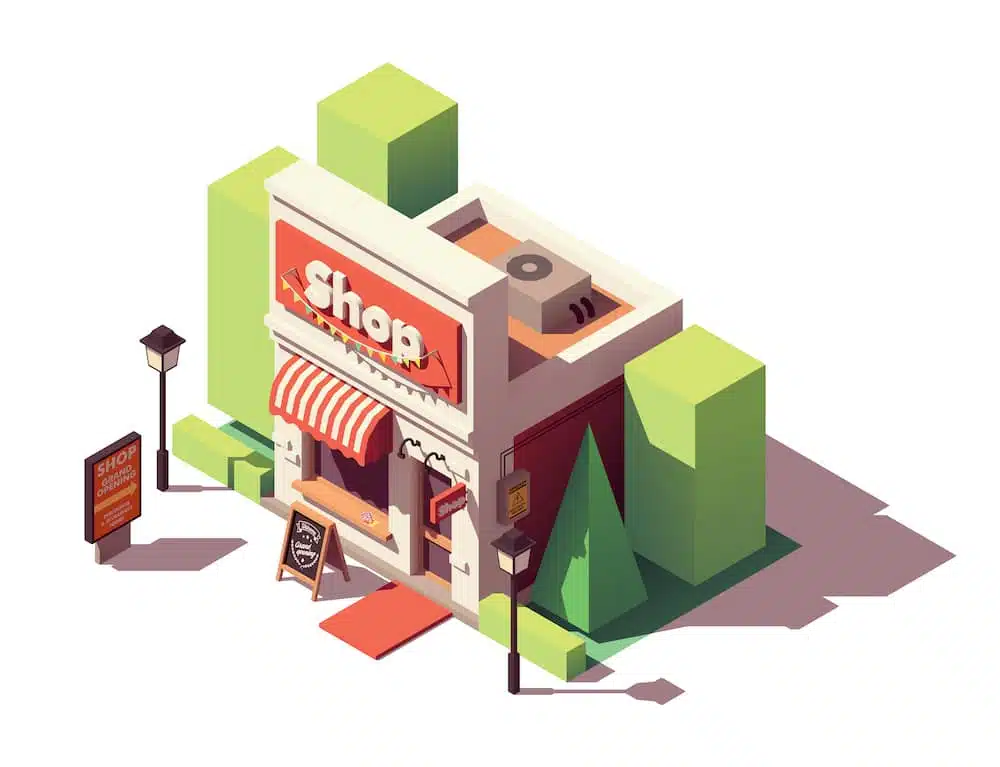 Isometric illustration of a small retail shop with signage and surrounding elements