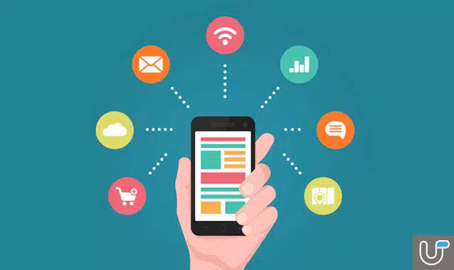 Illustration of a hand holding a smartphone surrounded by digital app icons