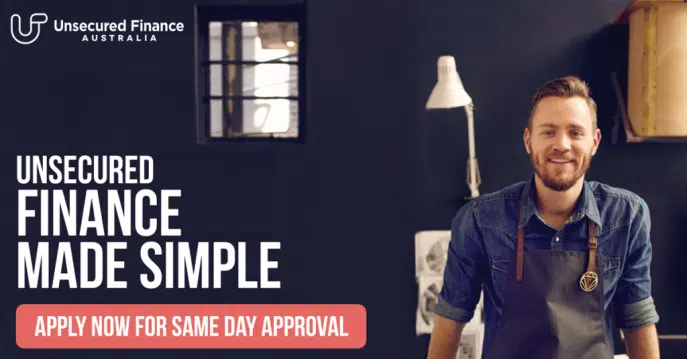 Unsecured Finance Australia promotional banner with a smiling business owner and call to action