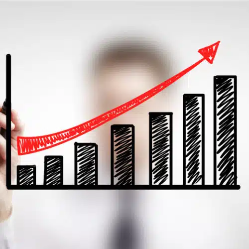 Hand drawing a bar chart with an upward red arrow indicating growth