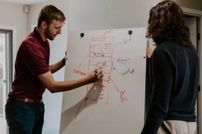 Two individuals collaborating at a whiteboard with a wireframe sketch of a webpage layout and content flow.