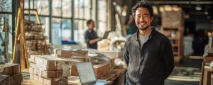 Smiling small business owner in a warehouse surrounded by packages and a laptop